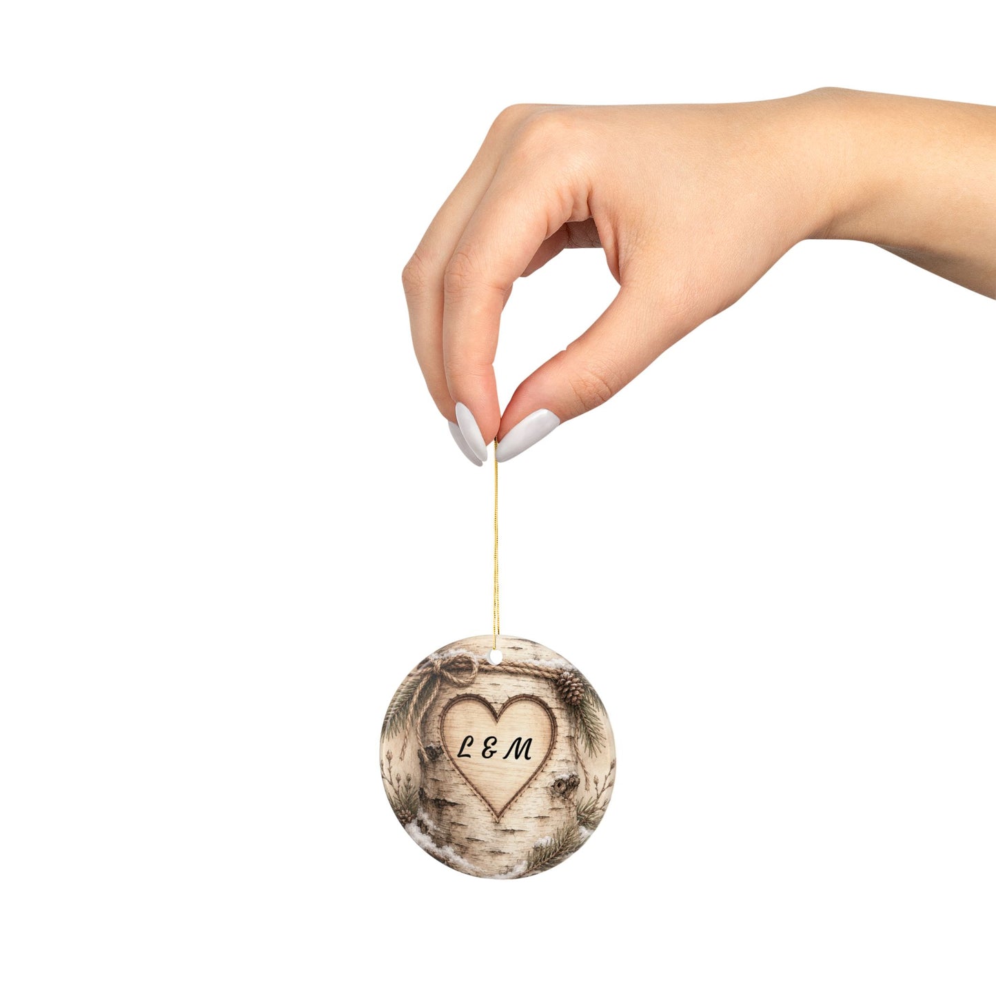 Rustic Carved Heart Initials Ornament | Ceramic Ornament