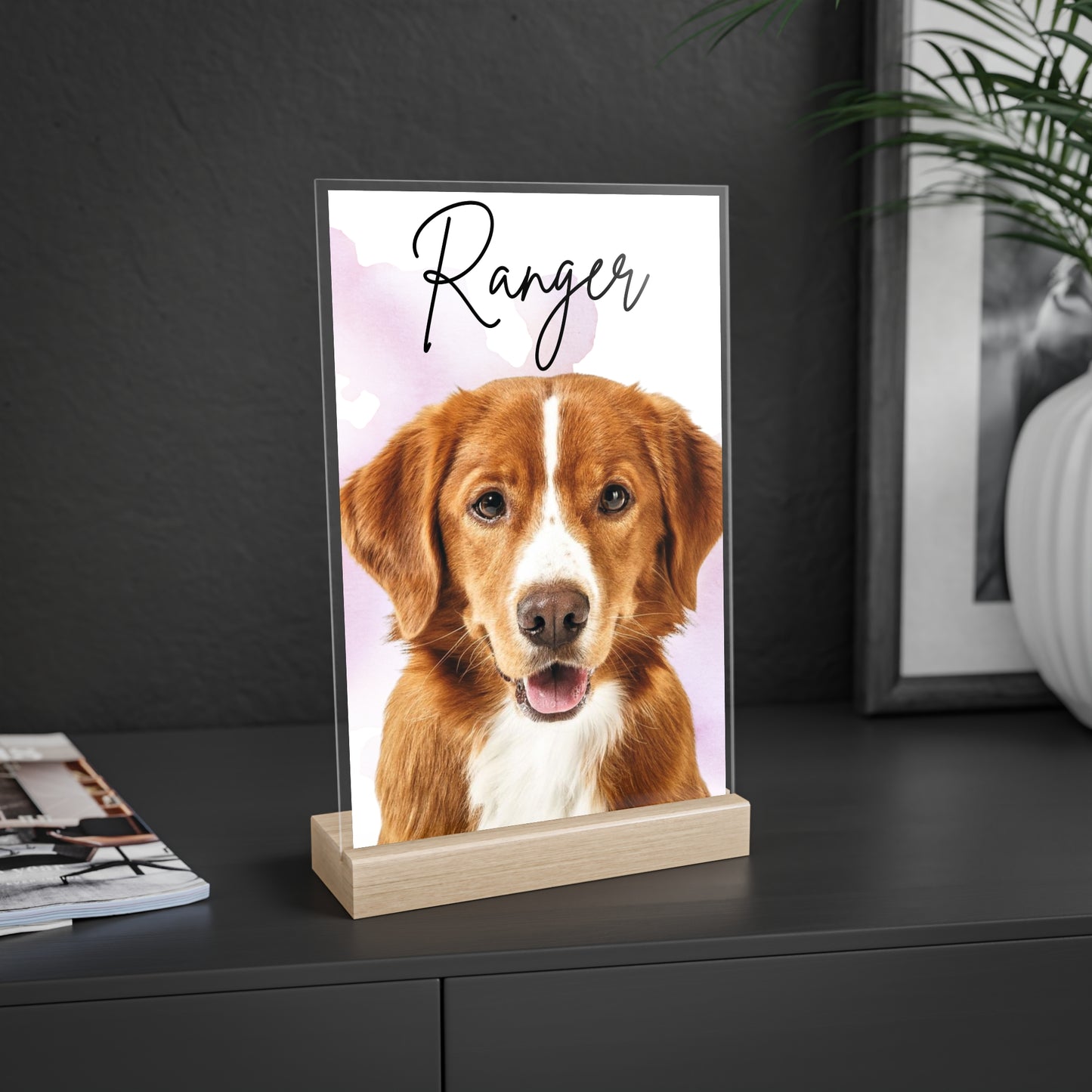 Personalized Dog Portrait Acrylic Sign with Wooden Stand | Pet Name Display