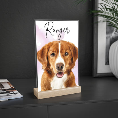 Personalized Dog Portrait Acrylic Sign with Wooden Stand | Pet Name Display