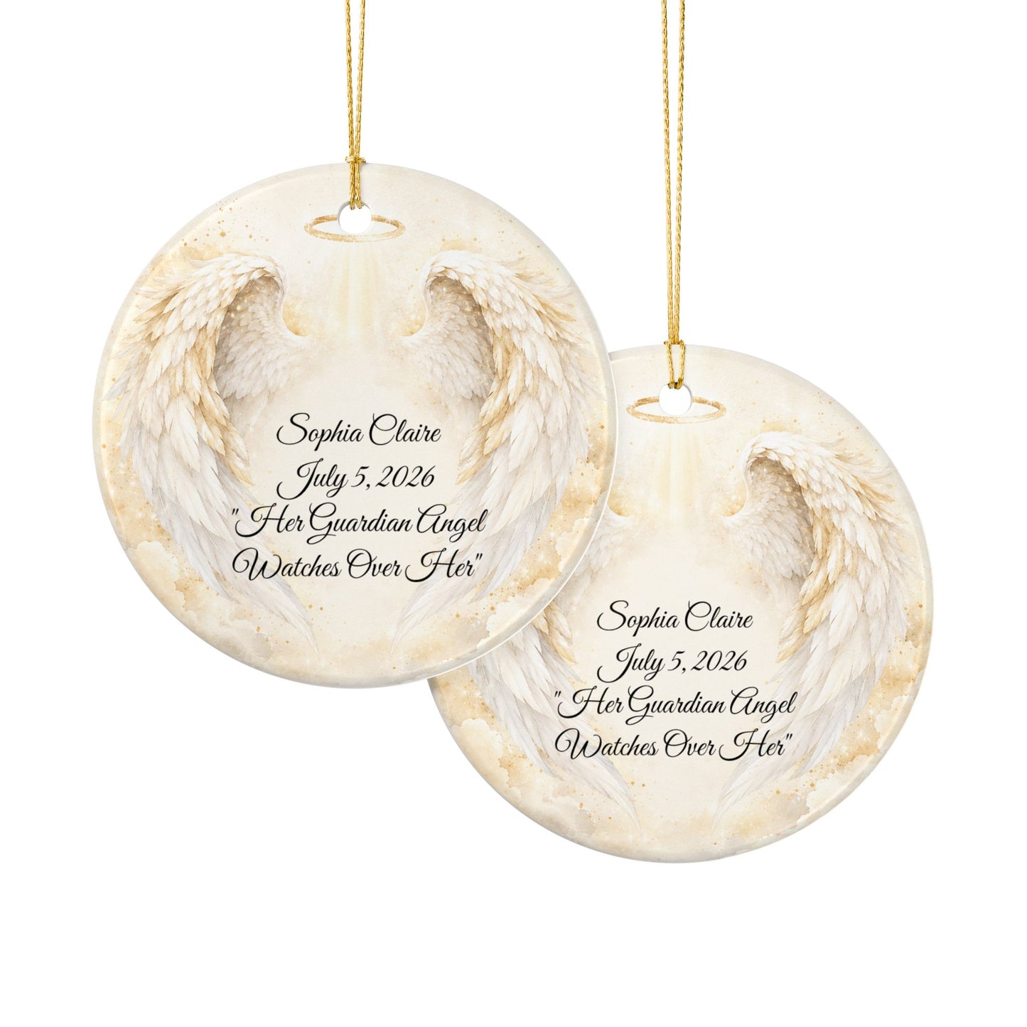 Guardian Angel Baptism Ornament with Name, Personalized Angel Wings Christening Keepsake, Ceramic God Bless Baby Gift, Godchild Ornament