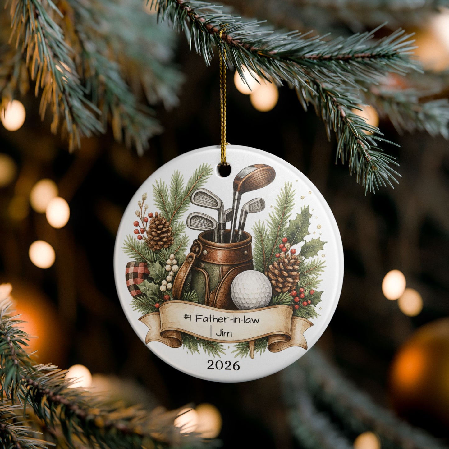 Golf Father in Law Ornament Personalized, Rustic Ceramic Keepsake with Name, Golfer FIL Christmas Gift 2026