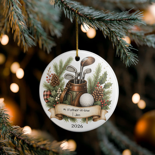 Golf Father in Law Ornament Personalized, Rustic Ceramic Keepsake with Name, Golfer FIL Christmas Gift 2026
