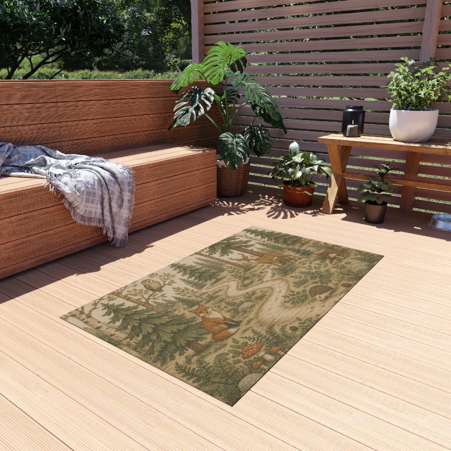 Woodland Animals Outdoor Rug | Fox, Deer, Owl Trail Scene