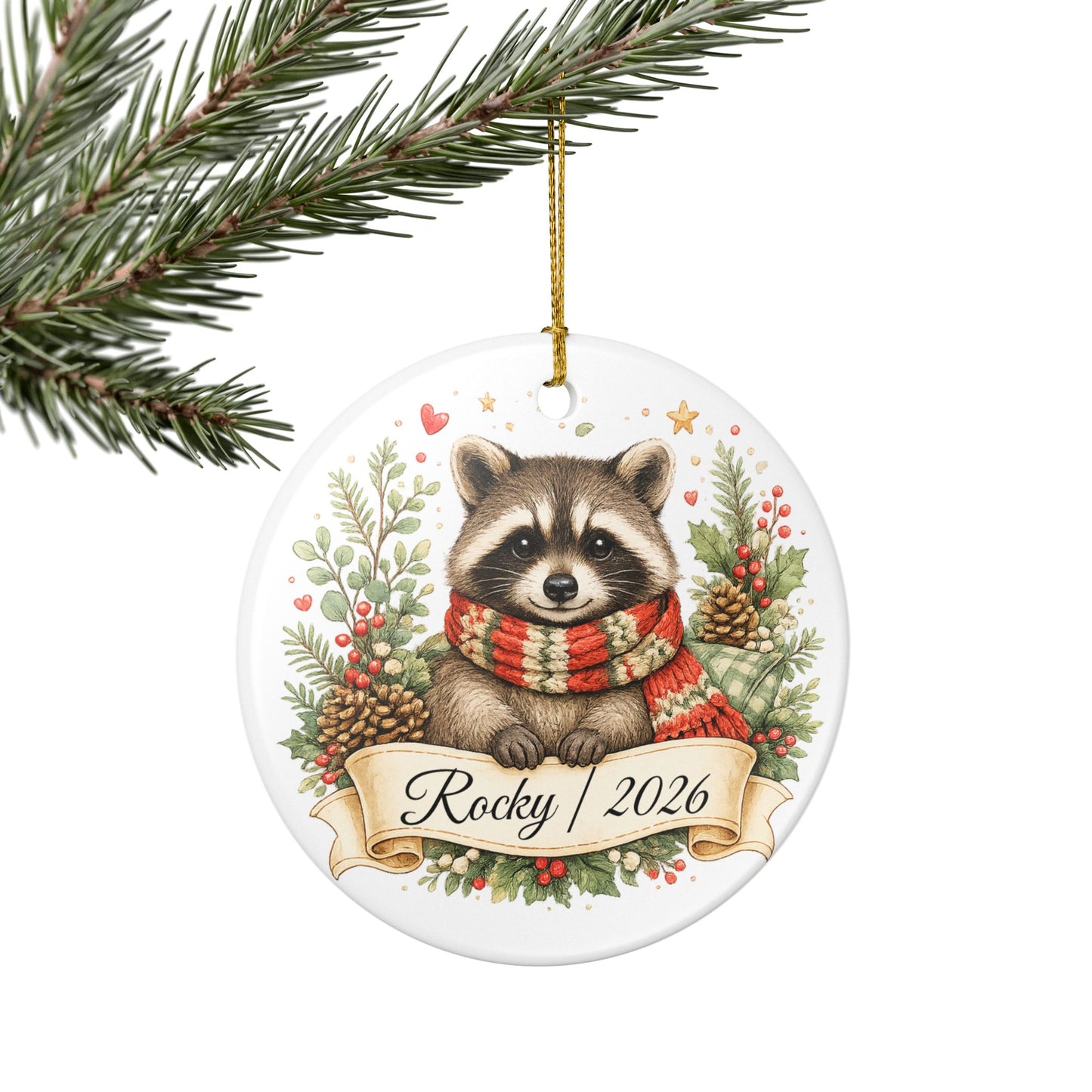 Raccoon Christmas Ornament Personalized with Name, Cute Cozy Ceramic Keepsake, Raccoon Lover Woodland Gift 2026