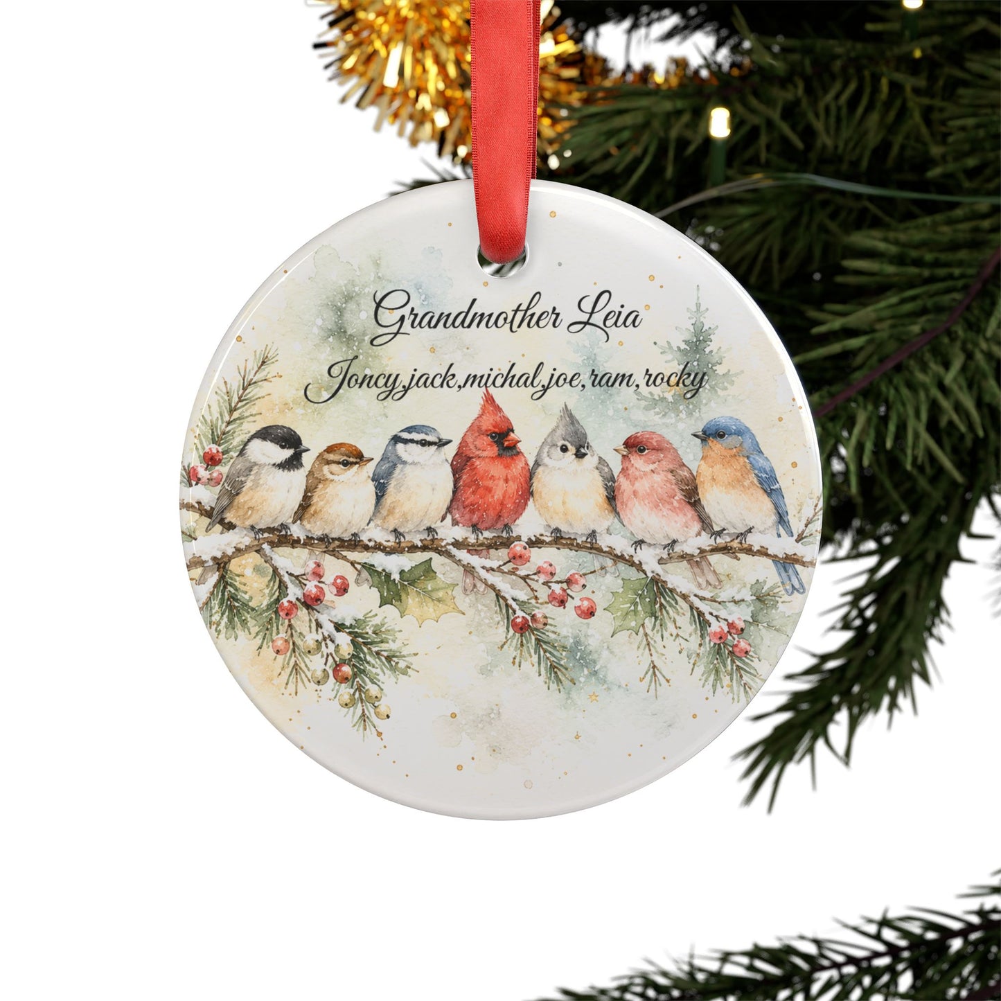 Watercolor Winter Birds Acrylic Ornament | Personalized Family Names
