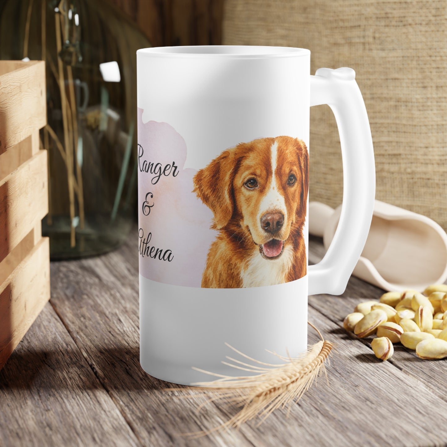 Personalized Dog Portraits Ranger & Athena Frosted Glass Beer Mug | Custom Pet Photo Stein