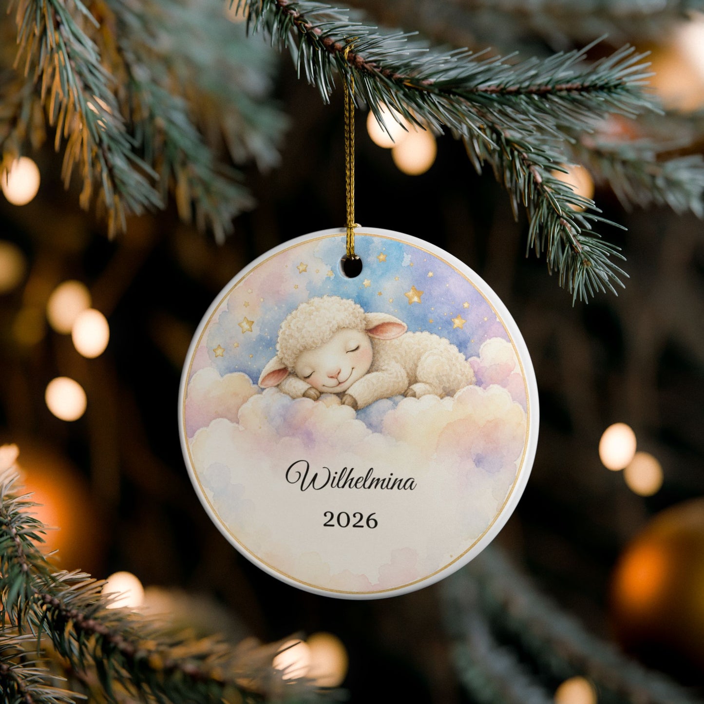 Baby First Christmas Ornament Personalized, Lamb on Cloud Keepsake with Name, Baptism Christening Gift, New Baby Ornament