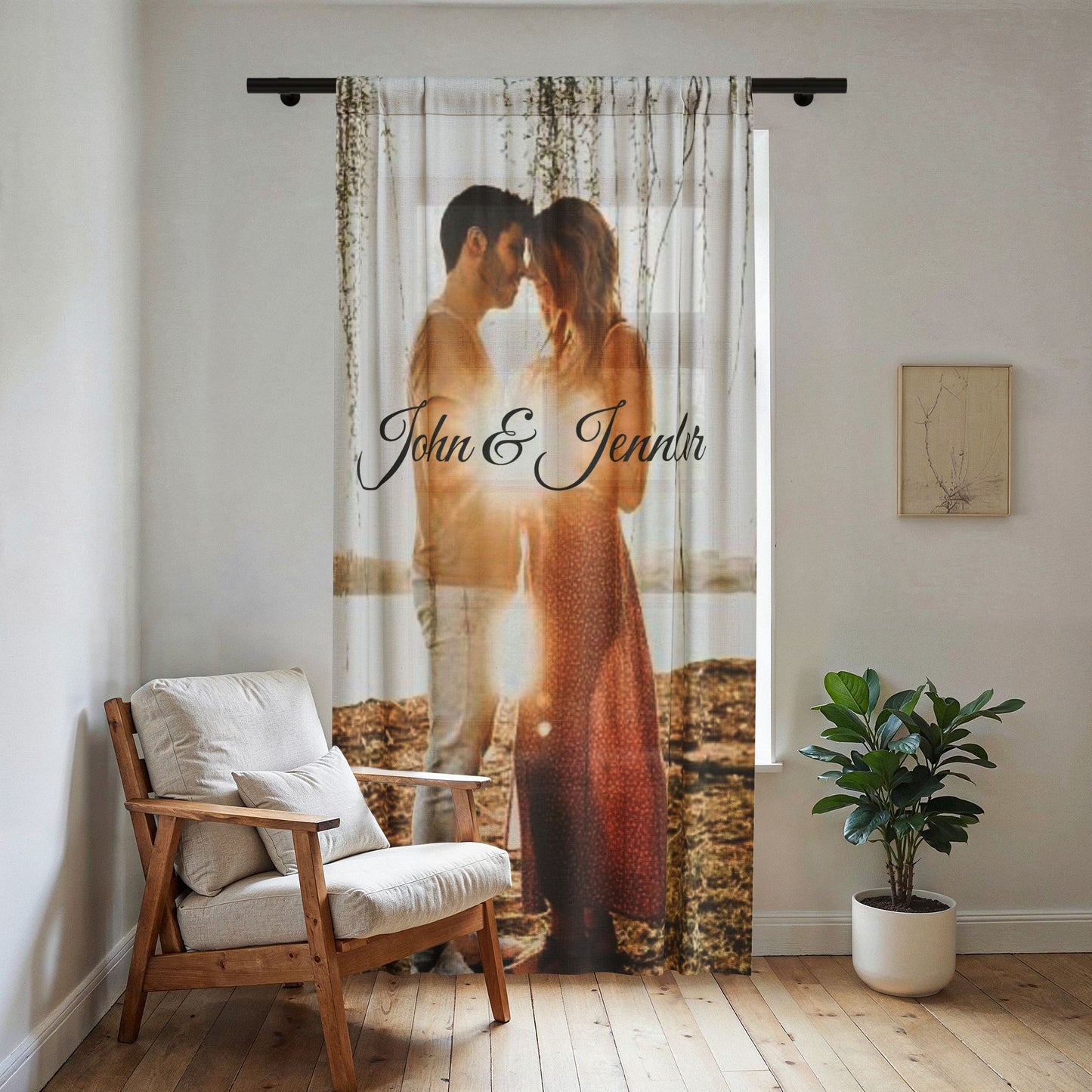 Personalized Couple Photo Sheer Window Curtain | Custom Name Script