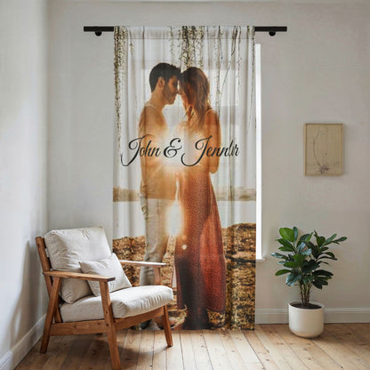 Personalized Couple Photo Sheer Window Curtain | Custom Name Script