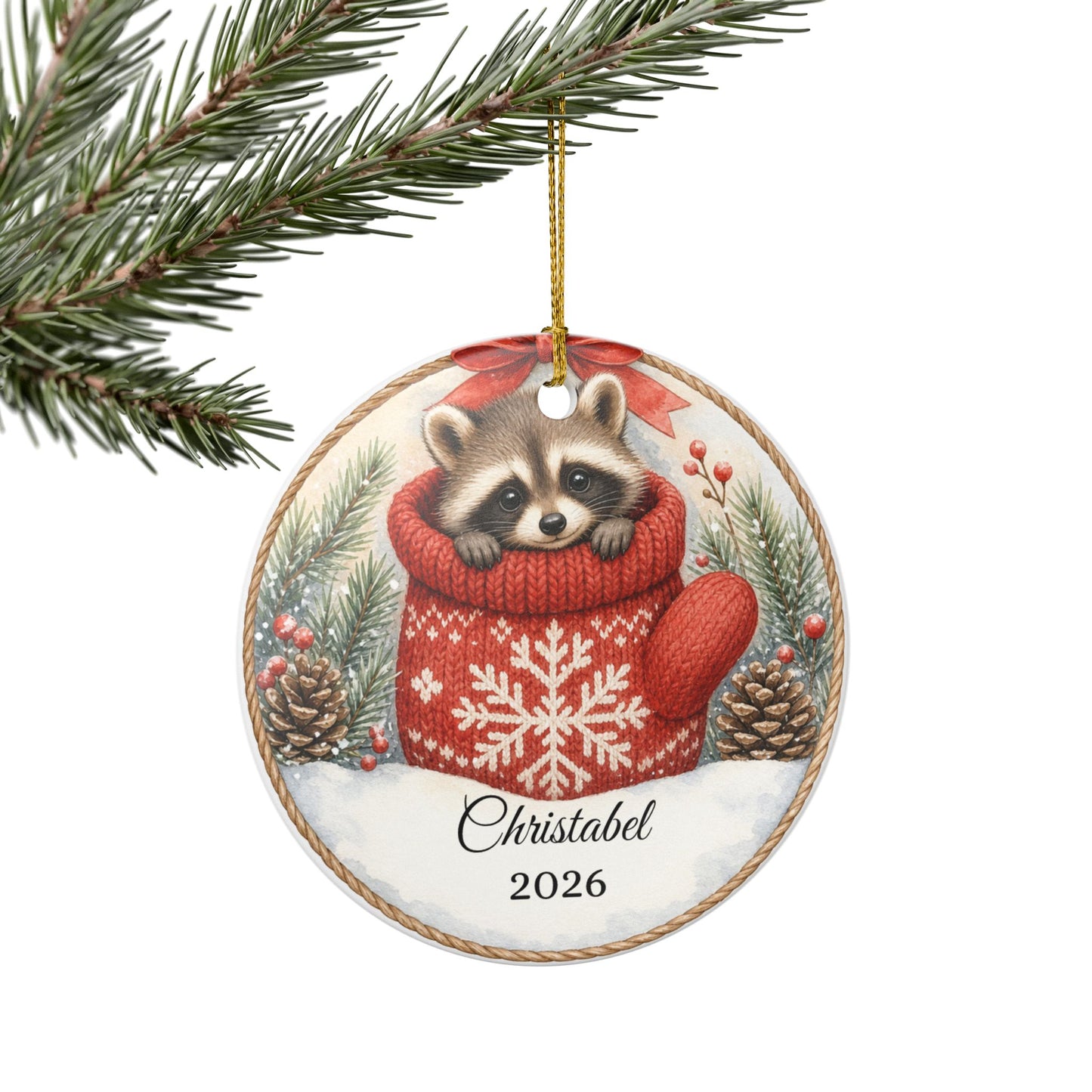 Baby First Christmas Ornament Personalized, Raccoon in Mitten Keepsake with Name 2026, Woodland New Baby Gift