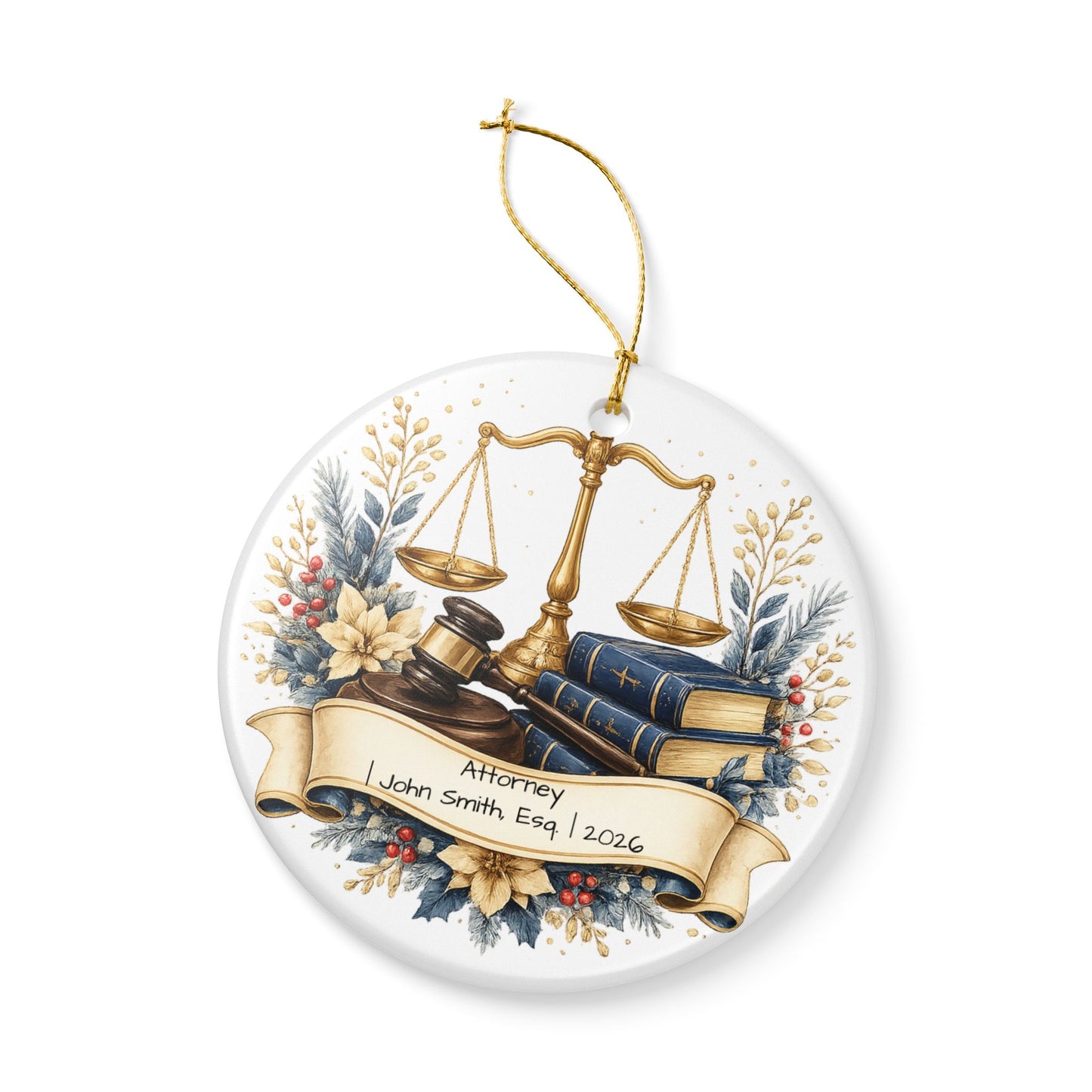 Lawyer Christmas Ornament Personalized with Name, Scales of Justice Ceramic Keepsake, Attorney Gift 2026