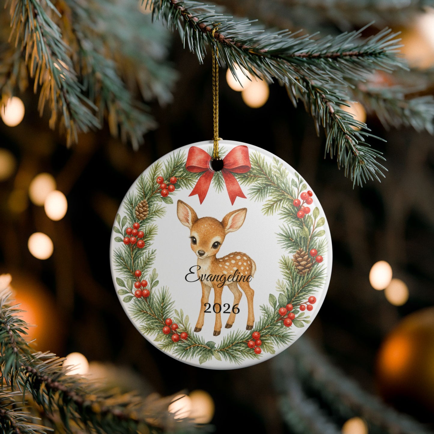 Baby First Christmas Ornament Personalized with Name, Woodland Deer Fawn Wreath Keepsake 2026, New Baby Woodland Gift