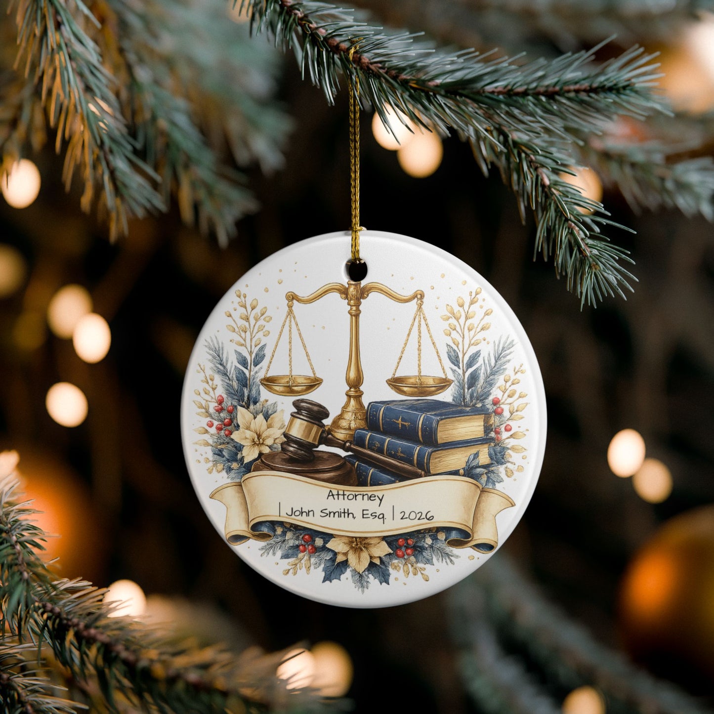 Lawyer Christmas Ornament Personalized with Name, Scales of Justice Ceramic Keepsake, Attorney Gift 2026