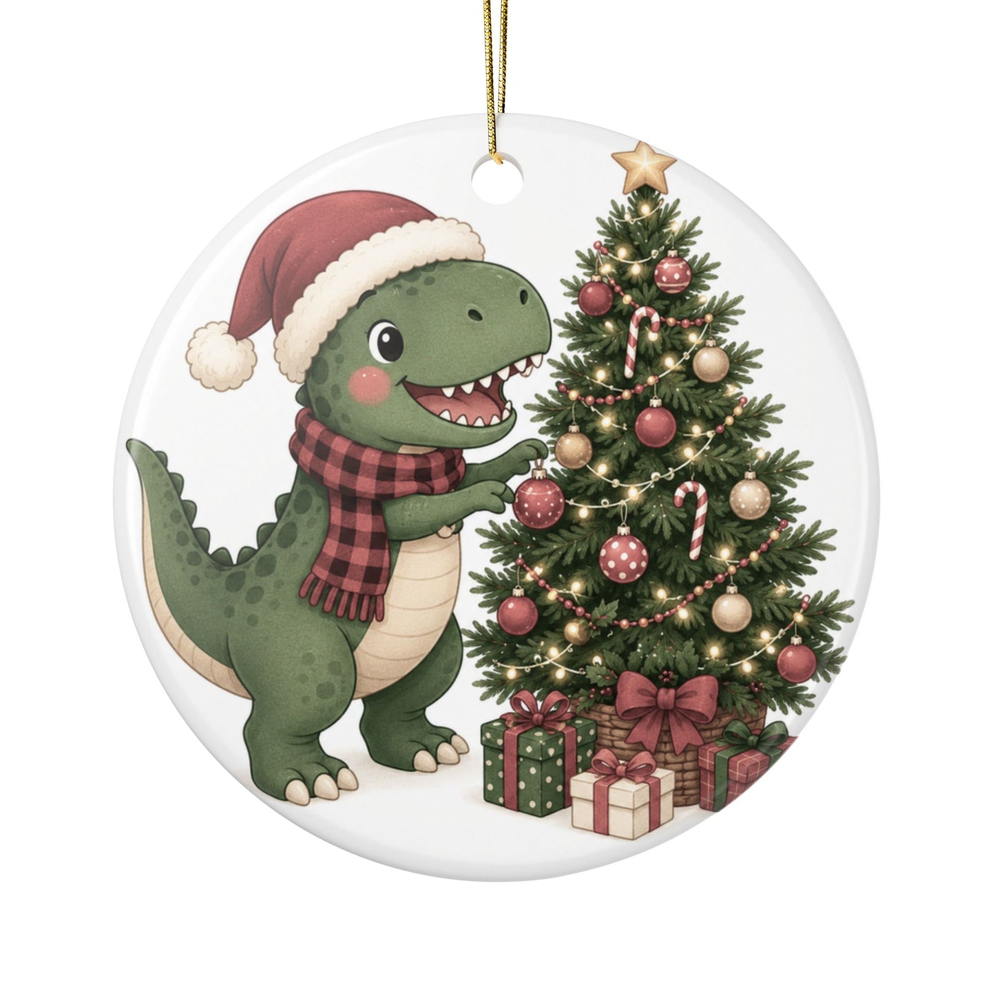 Cute Dino with Santa Hat Christmas Tree Ornament | Ceramic Ornament