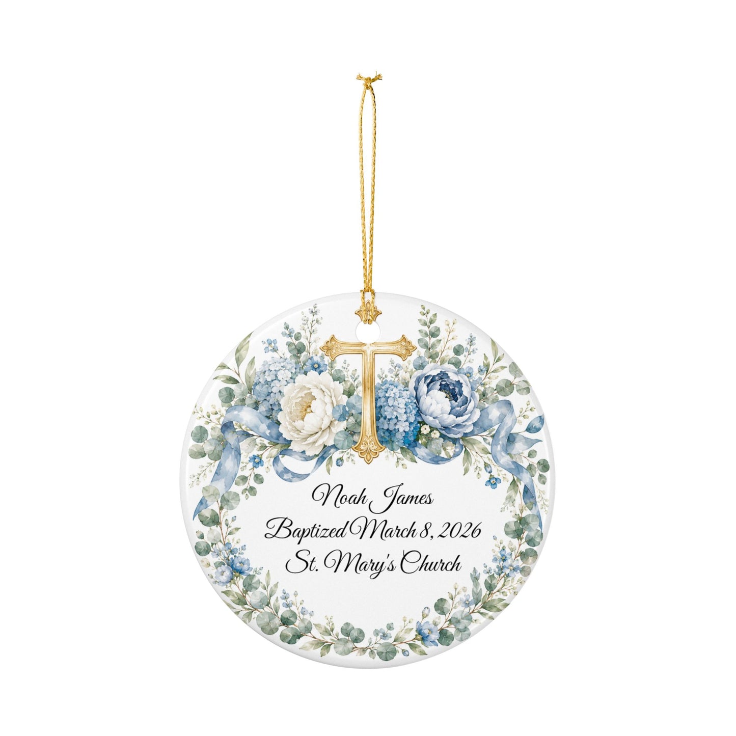Personalized Baptism Ornament for Boy, Blue Cross Christening Keepsake with Name & Date, Ceramic Godson Gift, Baby Dedication Ornament