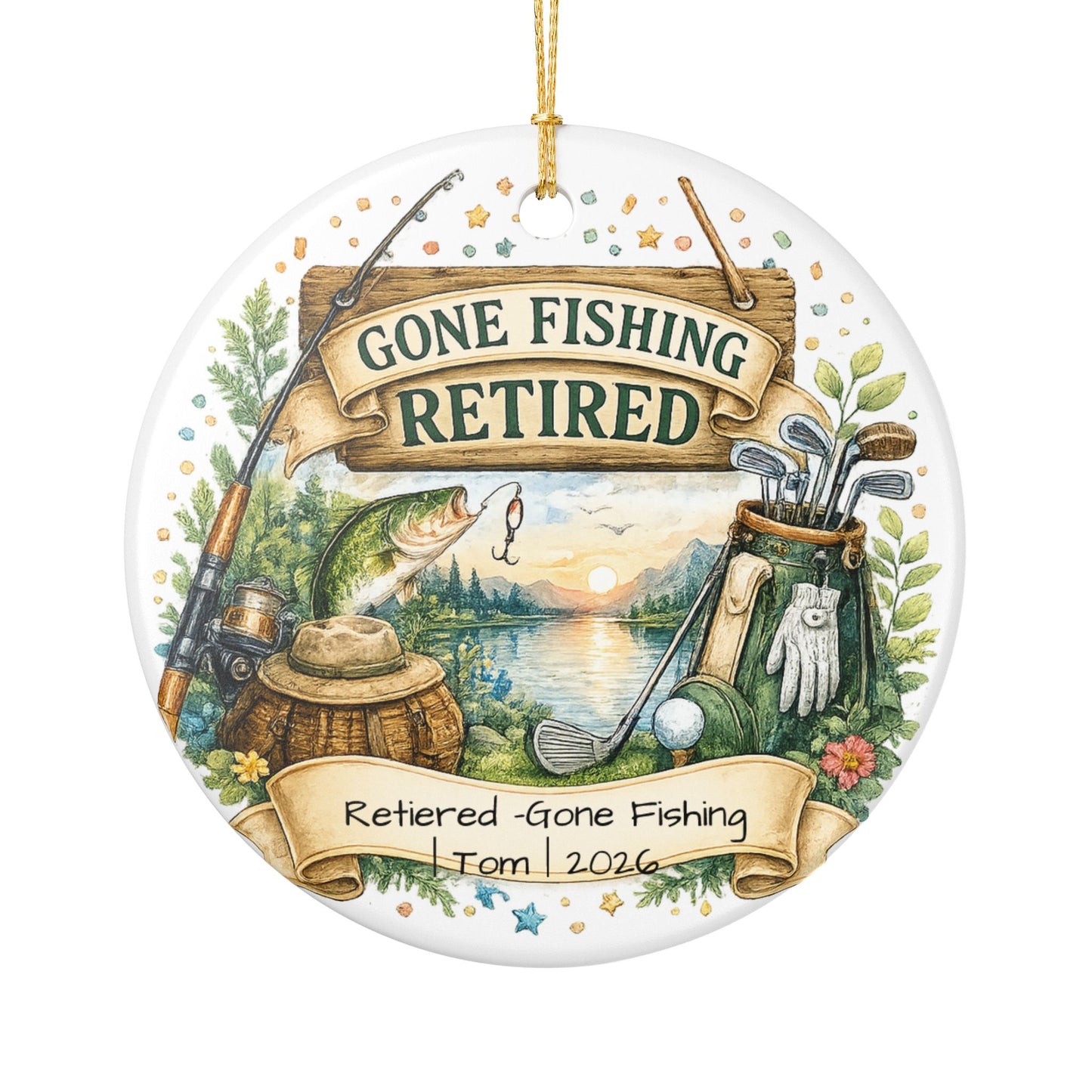 Retirement Ornament 2026 Personalized with Name, Fishing Golf Ceramic Keepsake, Retired Gift for Him, Dad Grandpa