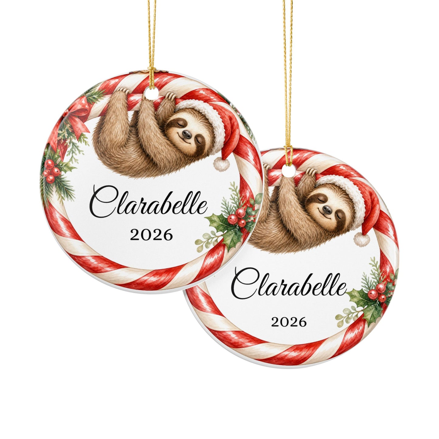 Baby First Christmas Ornament Personalized, Sloth Candy Cane Keepsake with Name 2026, Funny New Baby Gift Ornament