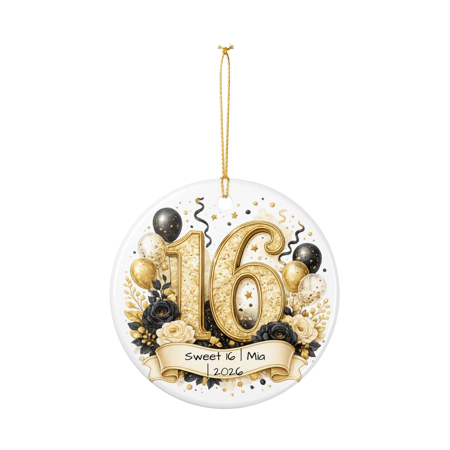 Glam Sweet 16 Christmas Ornament Personalized with Name Year, Black Gold Ceramic Keepsake, 16th Birthday Gift 2026