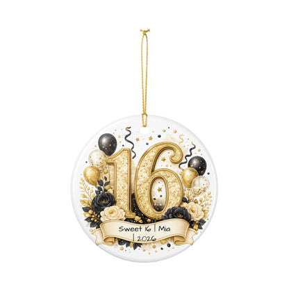 Glam Sweet 16 Christmas Ornament Personalized with Name Year, Black Gold Ceramic Keepsake, 16th Birthday Gift 2026