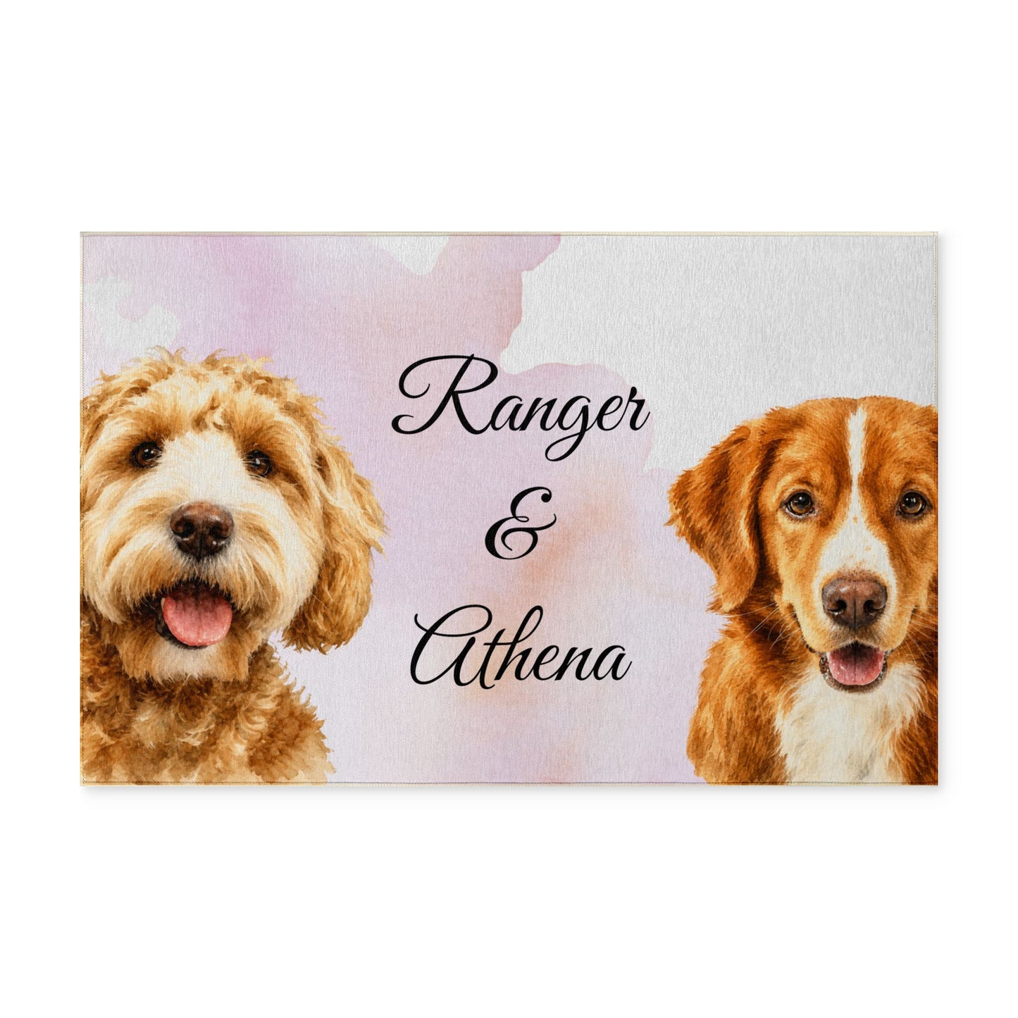 Personalized Dog Portraits Washable Rug | Custom Pet Names, Pink Watercolor Background