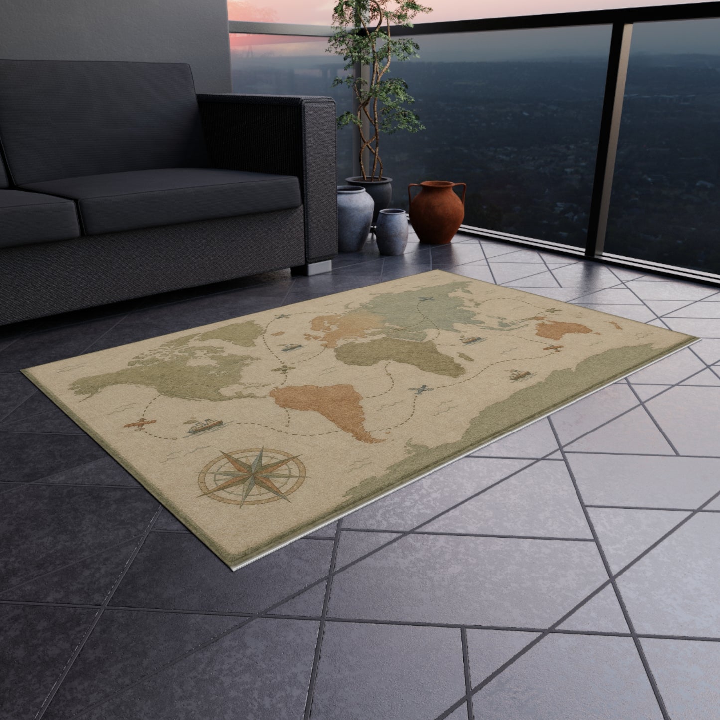Vintage World Map Outdoor Rug | Nautical Compass, Ships, Travel Accent