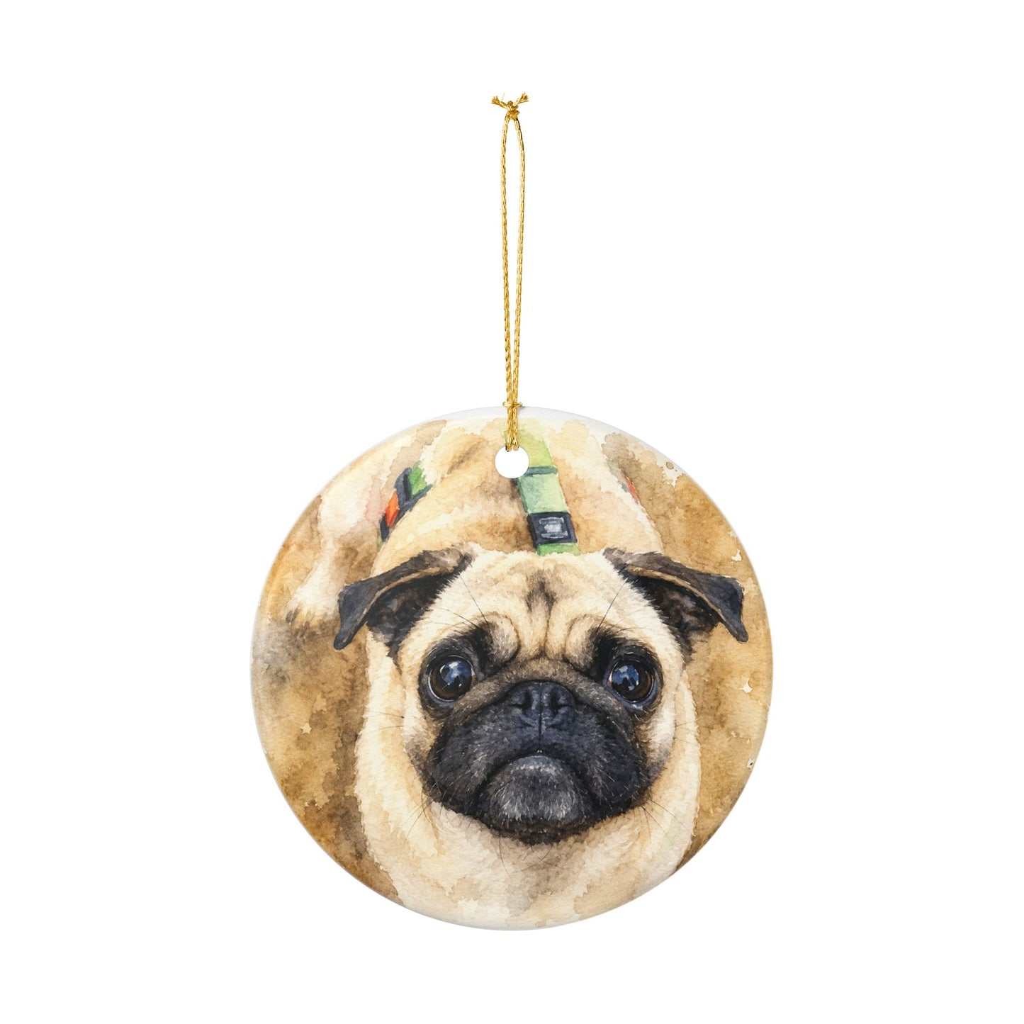 Pug Portrait Ornament | Memorial Ceramic Pet Ornament, Personalized Name & Date