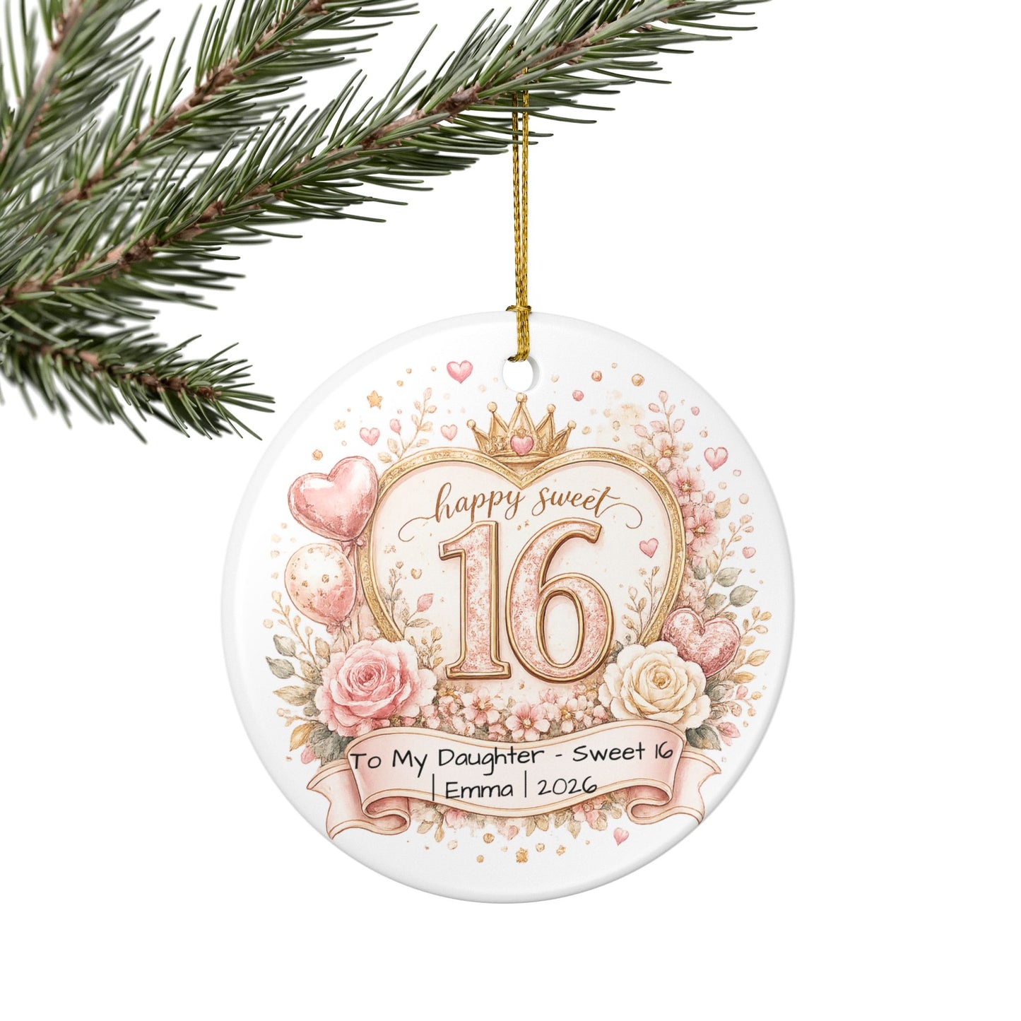 Sweet 16 Daughter Christmas Ornament Personalized with Name Year, Ceramic Keepsake, 16th Birthday Gift from Mom 2026