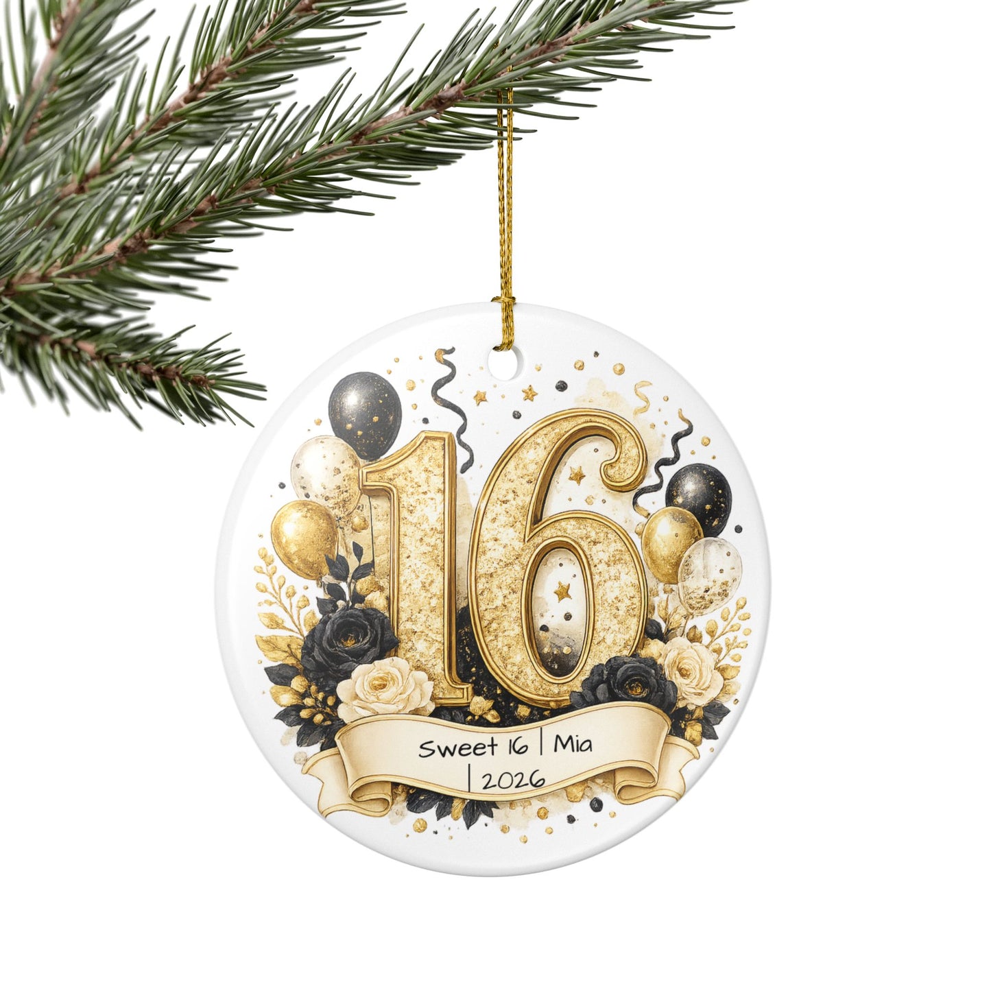 Glam Sweet 16 Christmas Ornament Personalized with Name Year, Black Gold Ceramic Keepsake, 16th Birthday Gift 2026