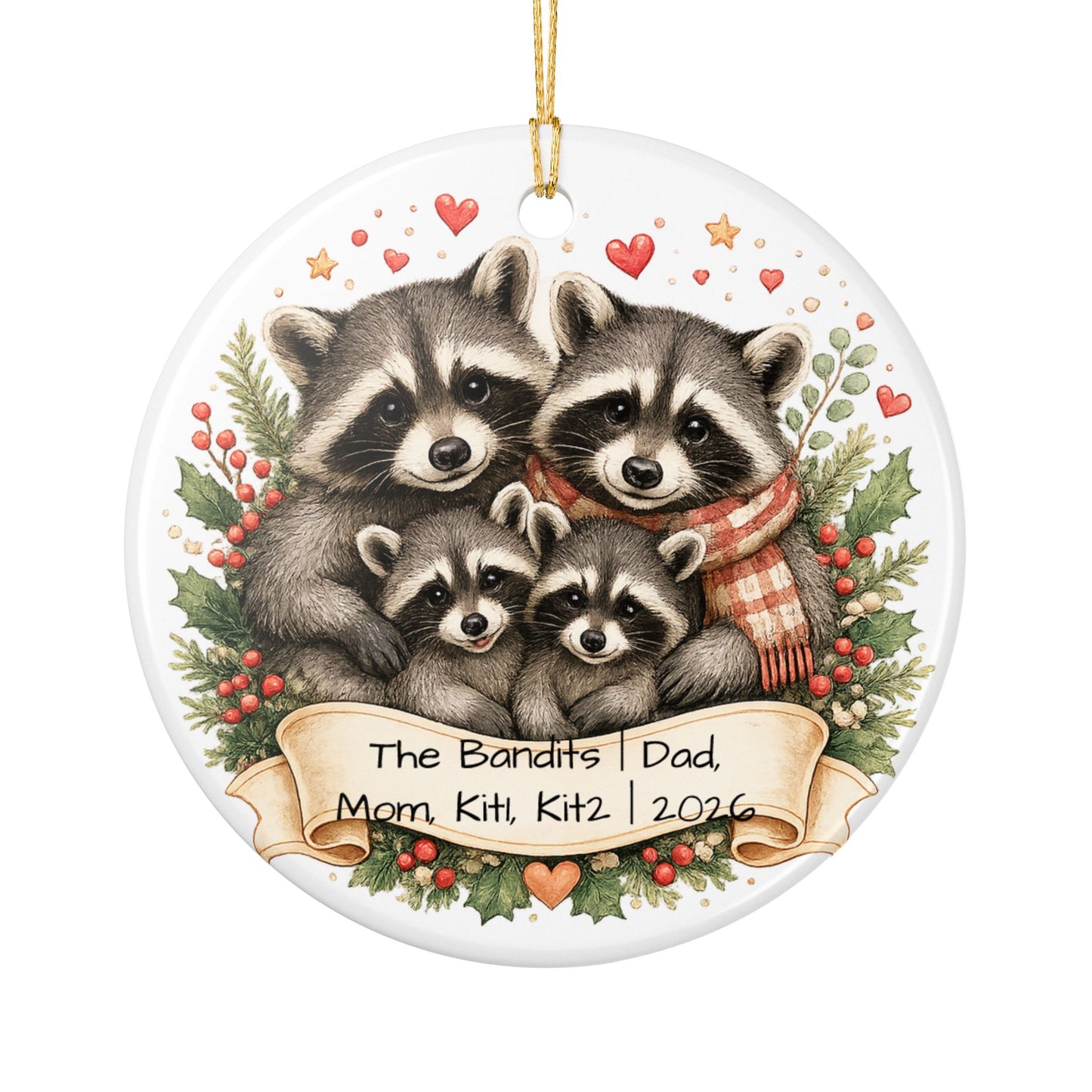 Raccoon Family Christmas Ornament Personalized with Names, Cute Ceramic Keepsake, Woodland Family Gift 2026