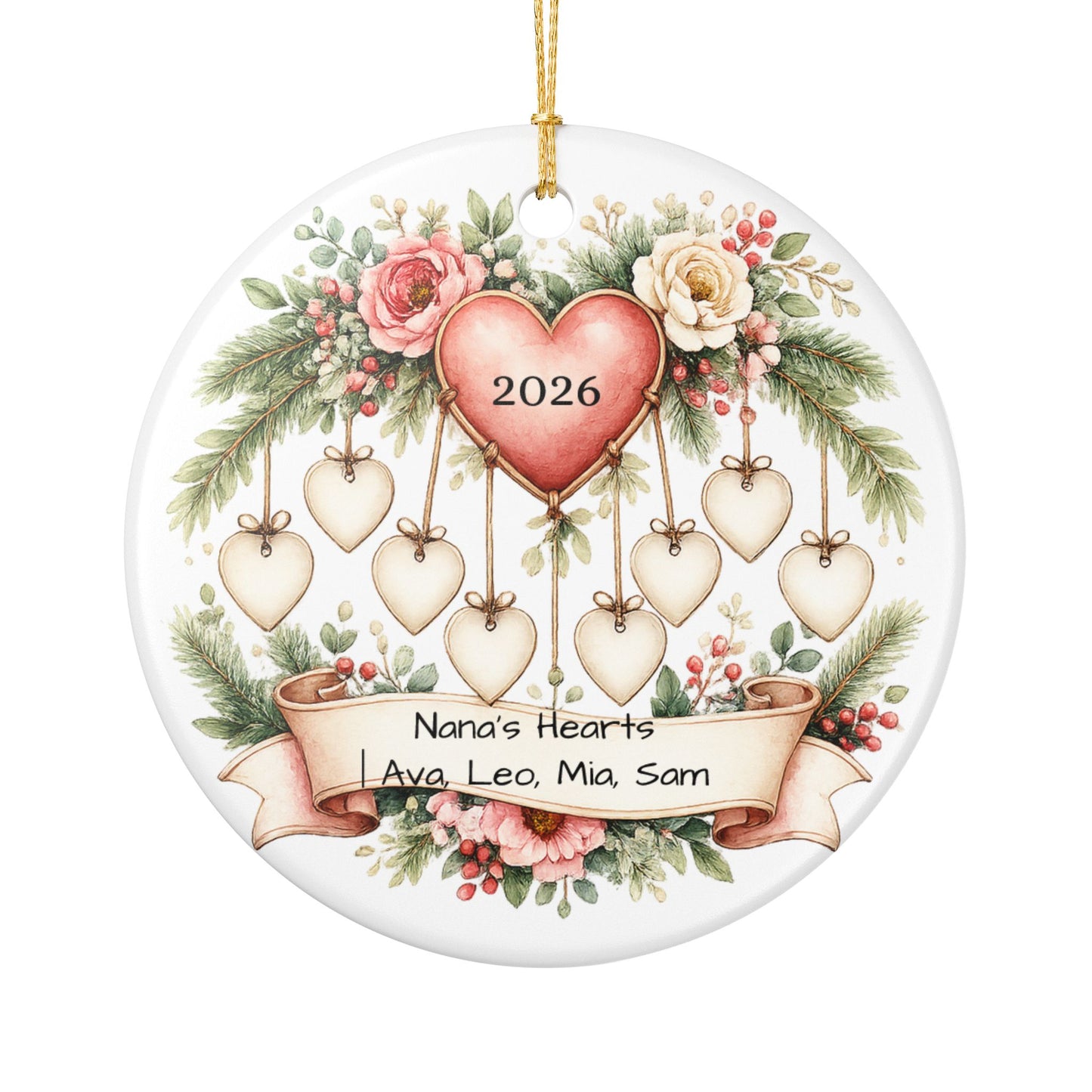 Nana Hearts Christmas Ornament Personalized with Grandkids Names, Ceramic Keepsake, Gift for Nana Grandma 2026