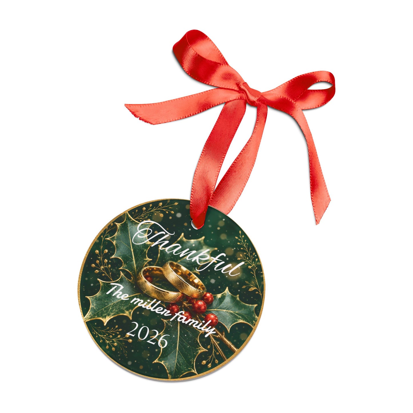 Thankful Holly Wreath Acrylic Ornament | Personalized Family Name 2026