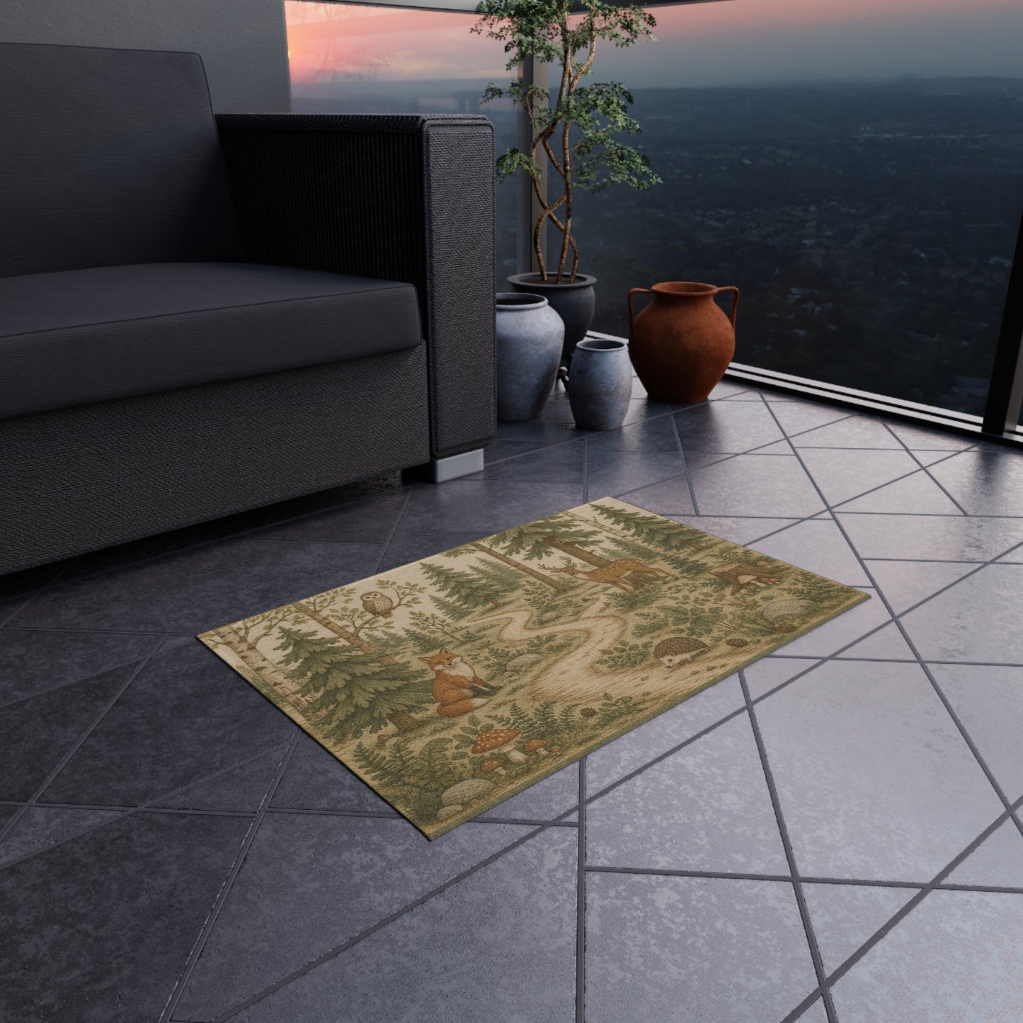 Woodland Animals Outdoor Rug | Fox, Deer, Owl Trail Scene