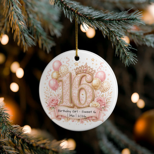 Sweet 16 Birthday Girl Ornament Personalized with Name Year, Ceramic Keepsake, 16th Birthday Gift for Her 2026