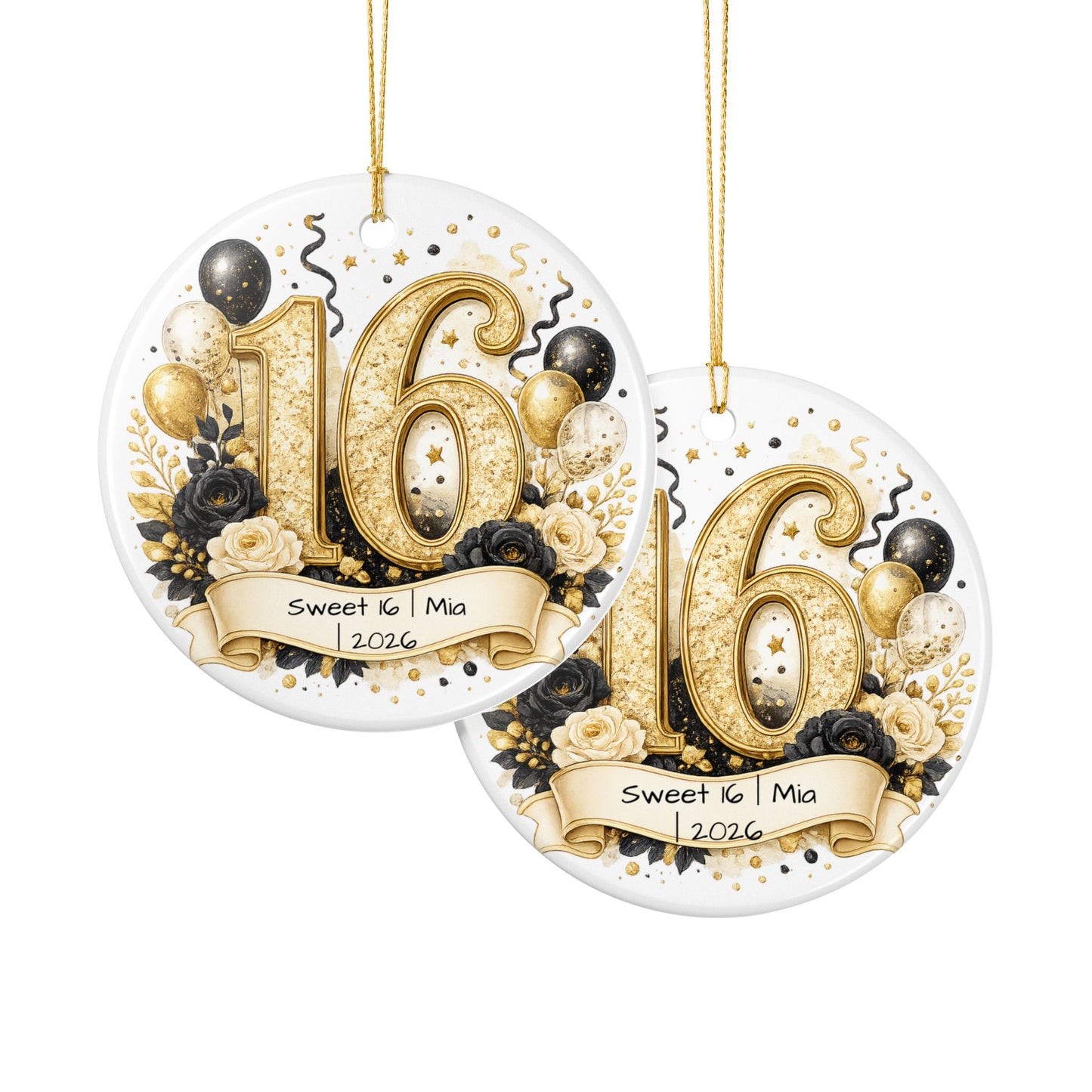 Glam Sweet 16 Christmas Ornament Personalized with Name Year, Black Gold Ceramic Keepsake, 16th Birthday Gift 2026
