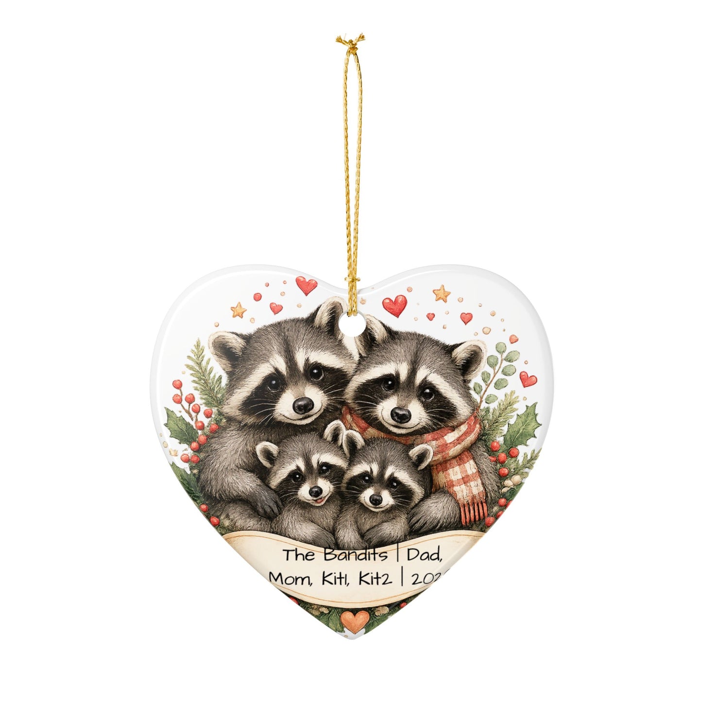 Raccoon Family Christmas Ornament Personalized with Names, Cute Ceramic Keepsake, Woodland Family Gift 2026