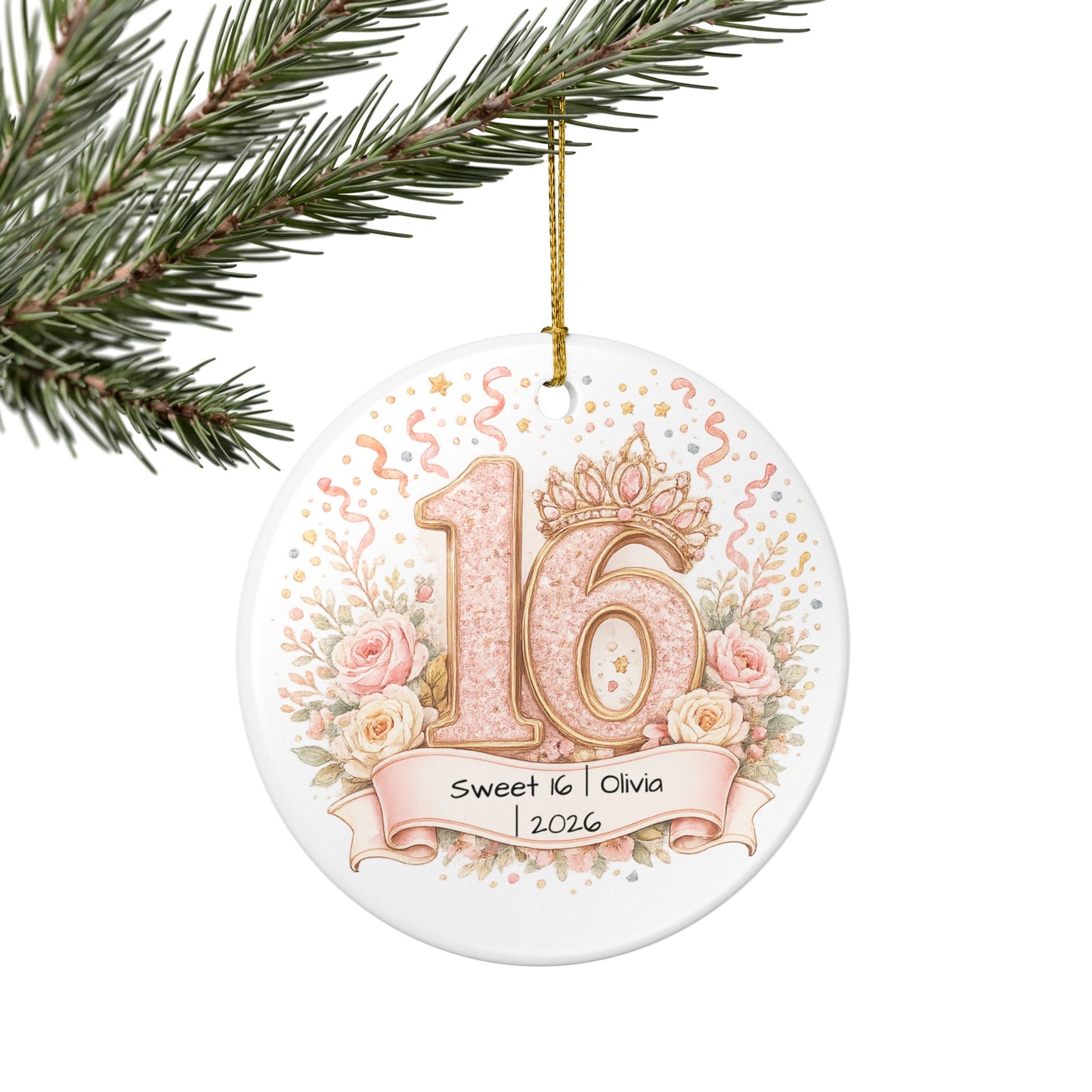 Sweet 16 Christmas Ornament Personalized with Name Year, Ceramic Birthday Keepsake, 16th Birthday Gift for Teen Girl