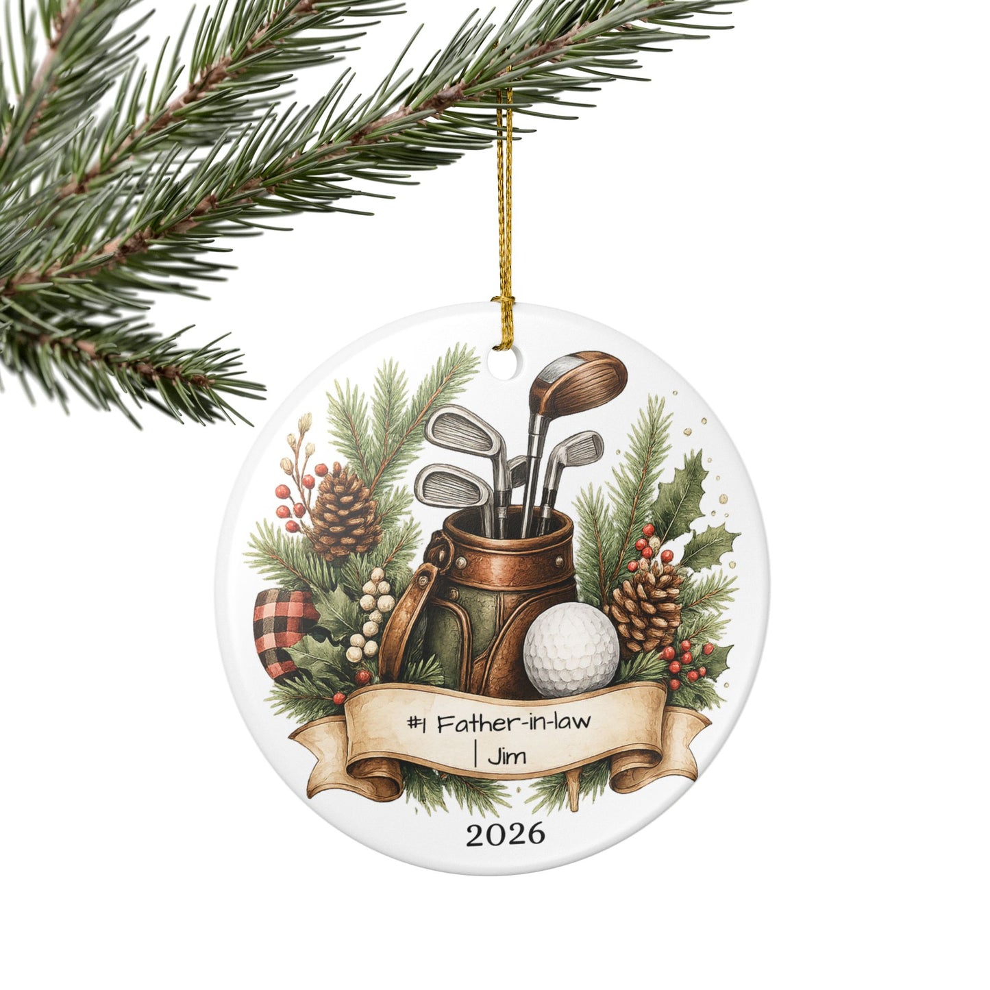 Golf Father in Law Ornament Personalized, Rustic Ceramic Keepsake with Name, Golfer FIL Christmas Gift 2026