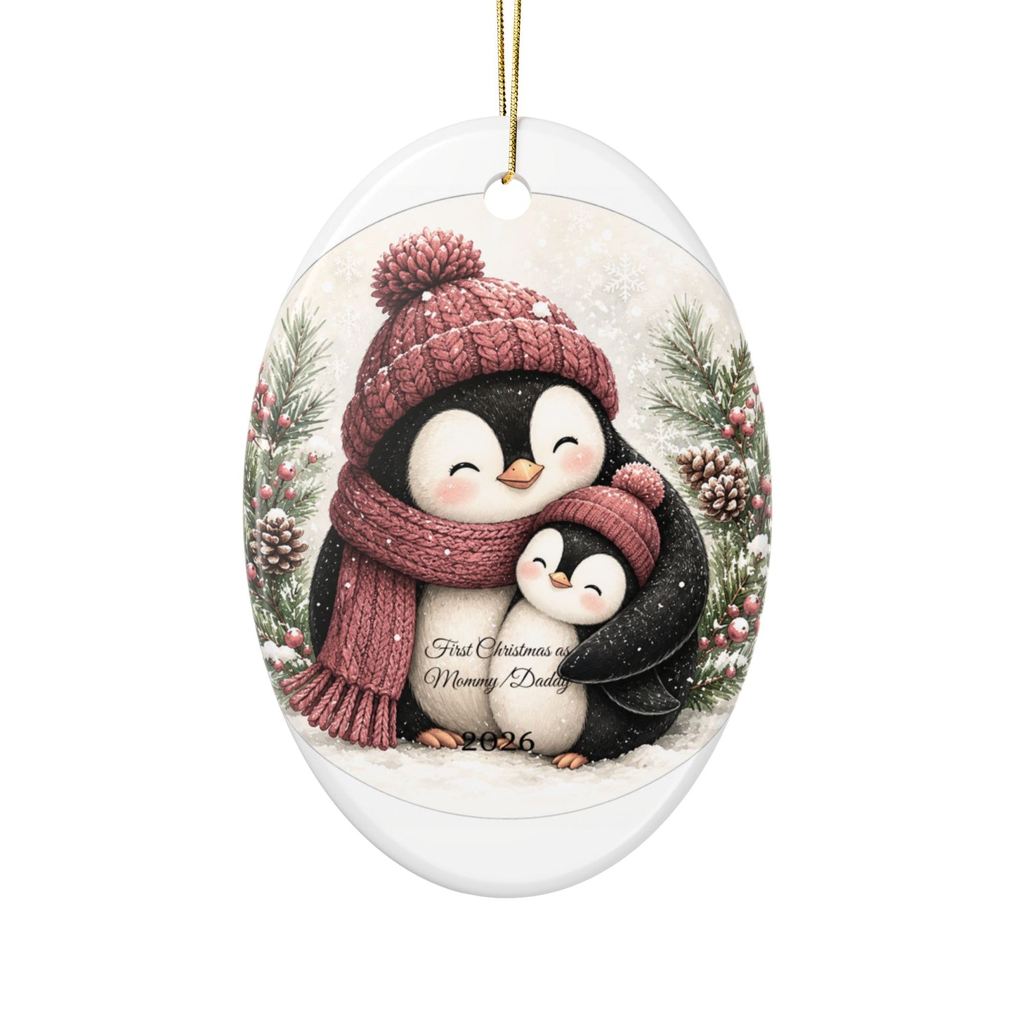 Penguin Family Hug Ceramic Ornament | 2026 Holiday Keepsake