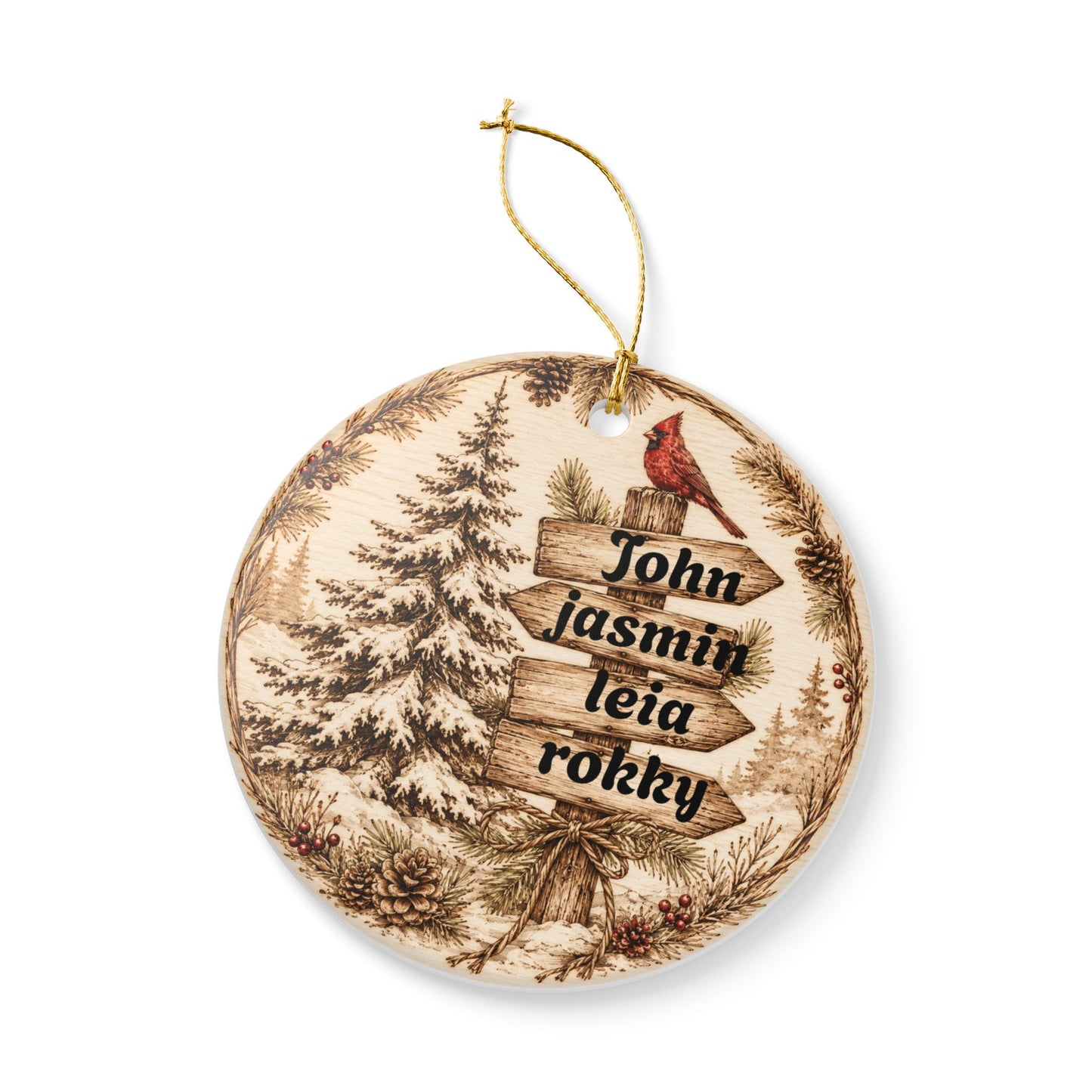 Woodland Cardinal Family Name Ornament, Ceramic Heart Ornament | Personalized Christmas Decor