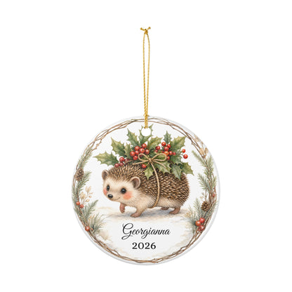 Baby First Christmas Ornament Personalized with Name, Hedgehog Holly Keepsake 2026, Woodland New Baby Shower Gift