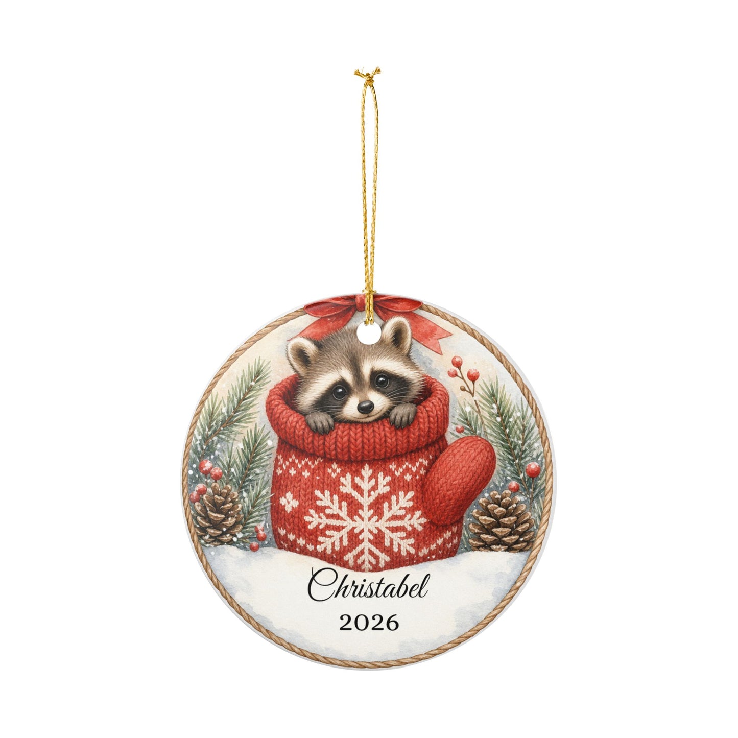 Baby First Christmas Ornament Personalized, Raccoon in Mitten Keepsake with Name 2026, Woodland New Baby Gift