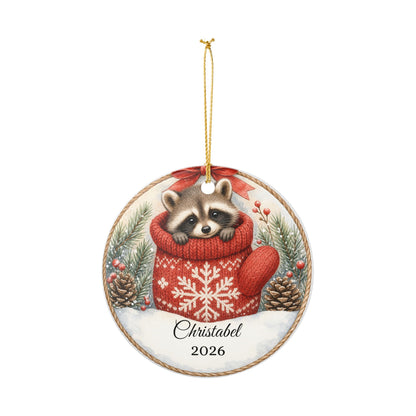 Baby First Christmas Ornament Personalized, Raccoon in Mitten Keepsake with Name 2026, Woodland New Baby Gift