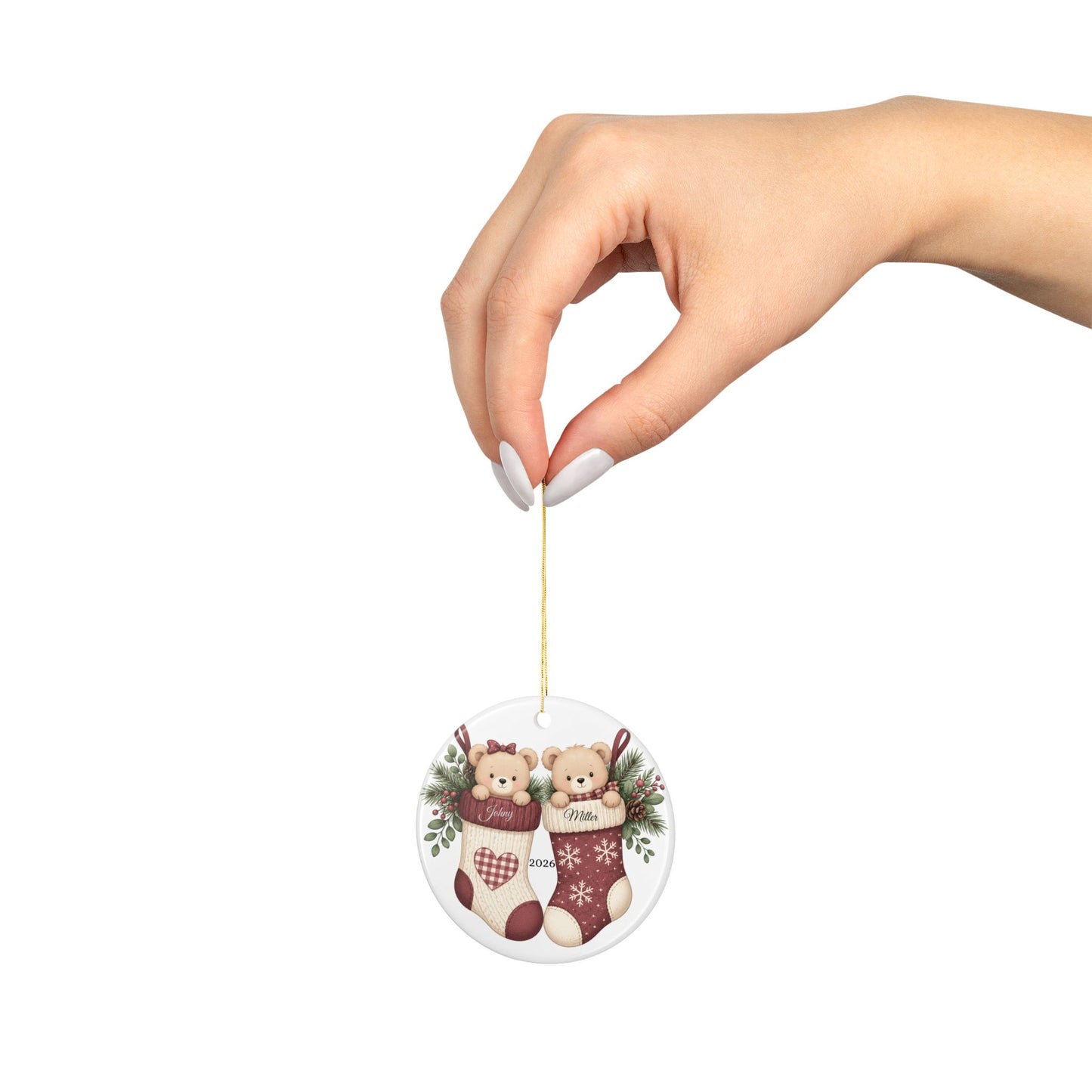 Teddy Bears in Christmas Stockings Ornament | Ceramic Round Holiday Decoration