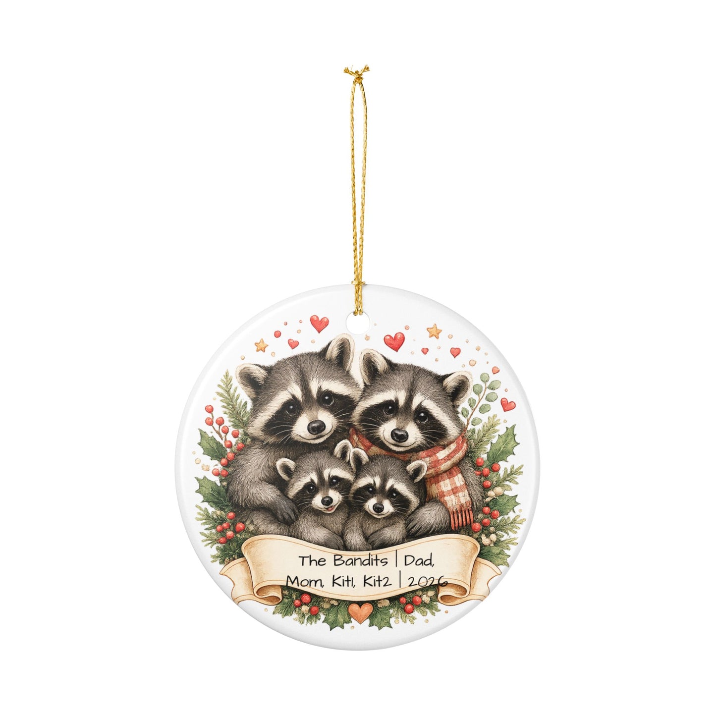 Raccoon Family Christmas Ornament Personalized with Names, Cute Ceramic Keepsake, Woodland Family Gift 2026
