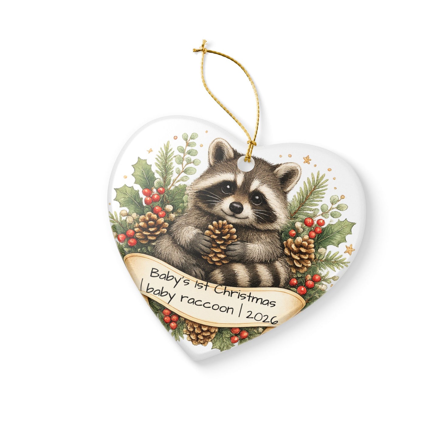 Baby Raccoon Christmas Ornament Personalized with Name, Cute Woodland Ceramic Keepsake, Kids Raccoon Gift 2026