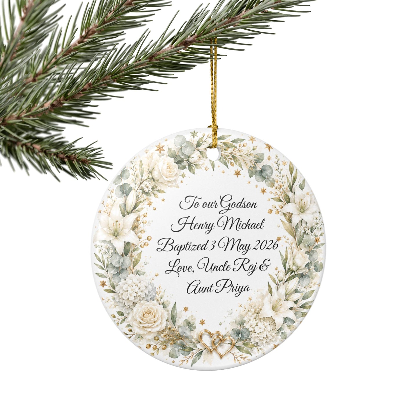 Godchild Baptism Ornament from Godparents, Personalized Christening Gift with Name & Date, Ceramic Keepsake, God Bless You Little One