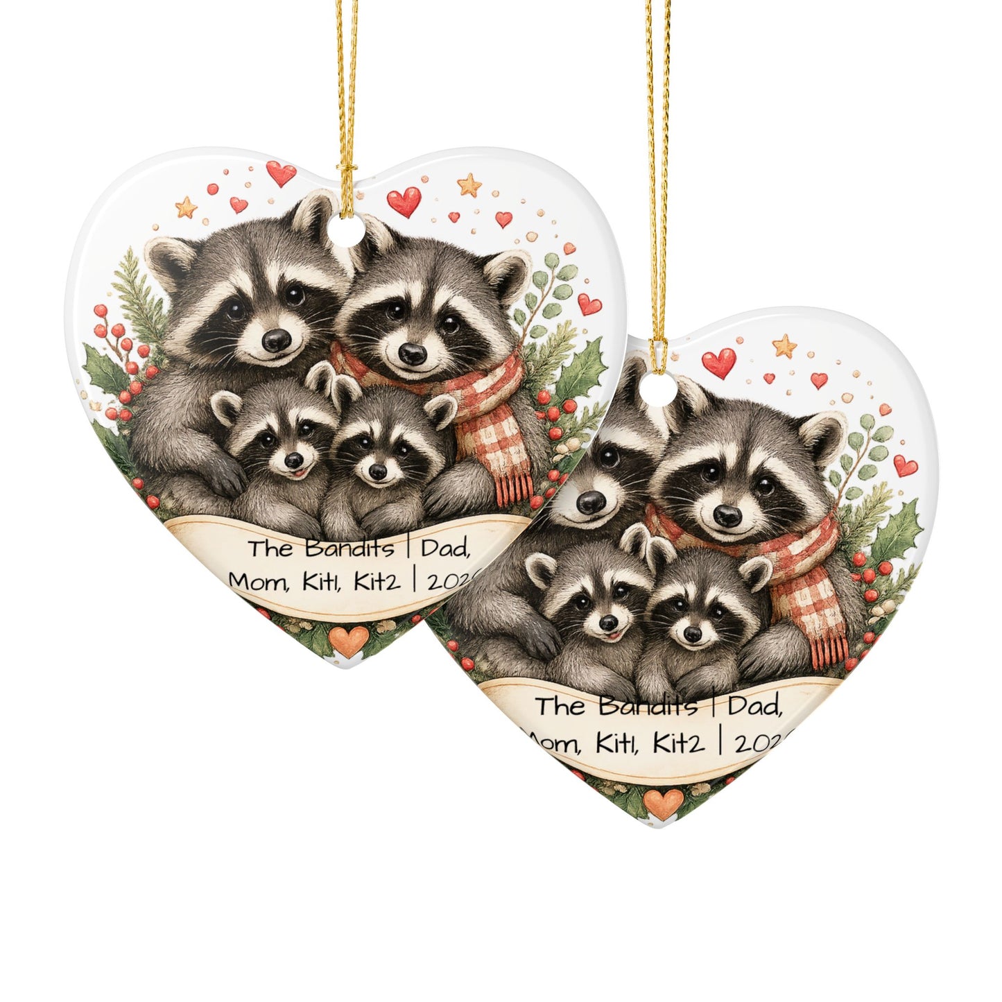 Raccoon Family Christmas Ornament Personalized with Names, Cute Ceramic Keepsake, Woodland Family Gift 2026