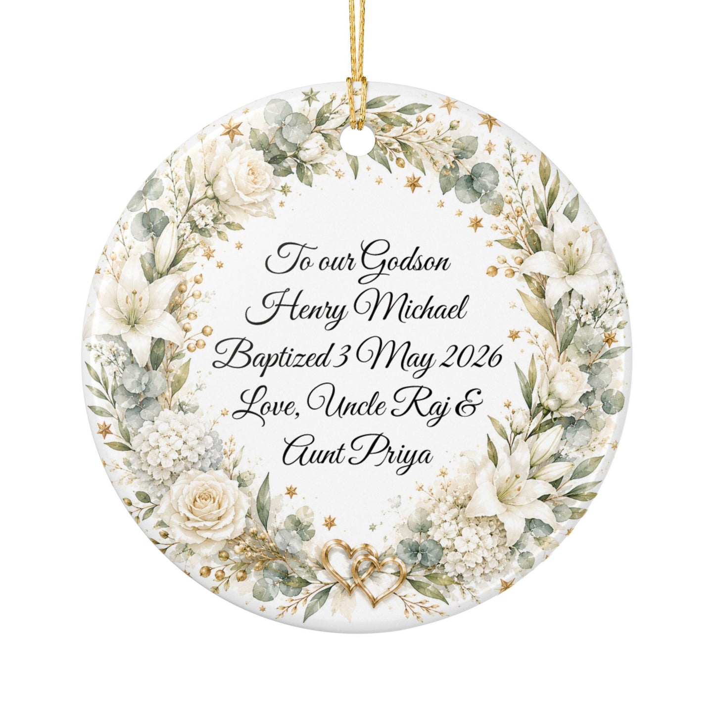 Godchild Baptism Ornament from Godparents, Personalized Christening Gift with Name & Date, Ceramic Keepsake, God Bless You Little One