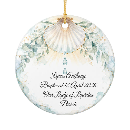 Baptism Shell Ornament Personalized, Traditional Christening Symbol Keepsake with Name & Date, Ceramic Catholic Baptism Gift for Baby