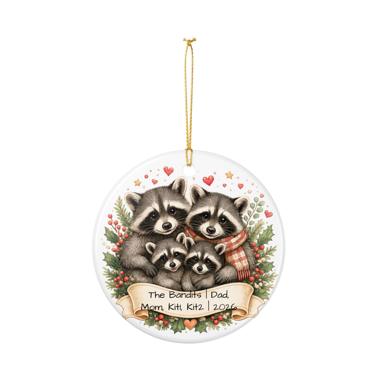 Raccoon Family Christmas Ornament Personalized with Names, Cute Ceramic Keepsake, Woodland Family Gift 2026